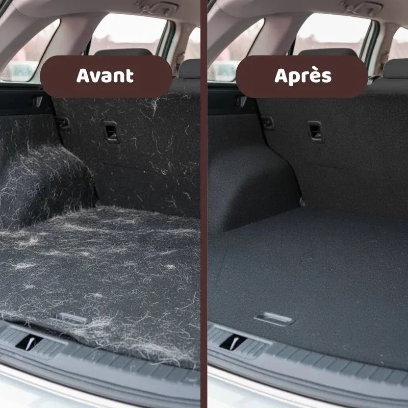 Avant et après dans un coffre de voiture : moquette sombre couverte de poils de chien à gauche, coffre propre après le Gantitouf à droite